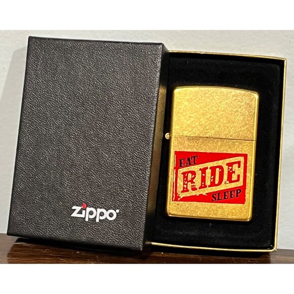 Zippo Gold Tone Lighter Eat Ride Sleep Design In Original Box Vintage - Picture 1 of 5